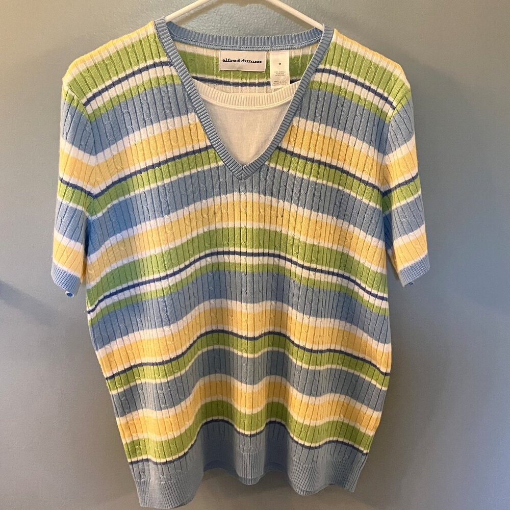 Vintage Alfred Dunner Pastel Striped Short Sleeve Sweater Size Medium